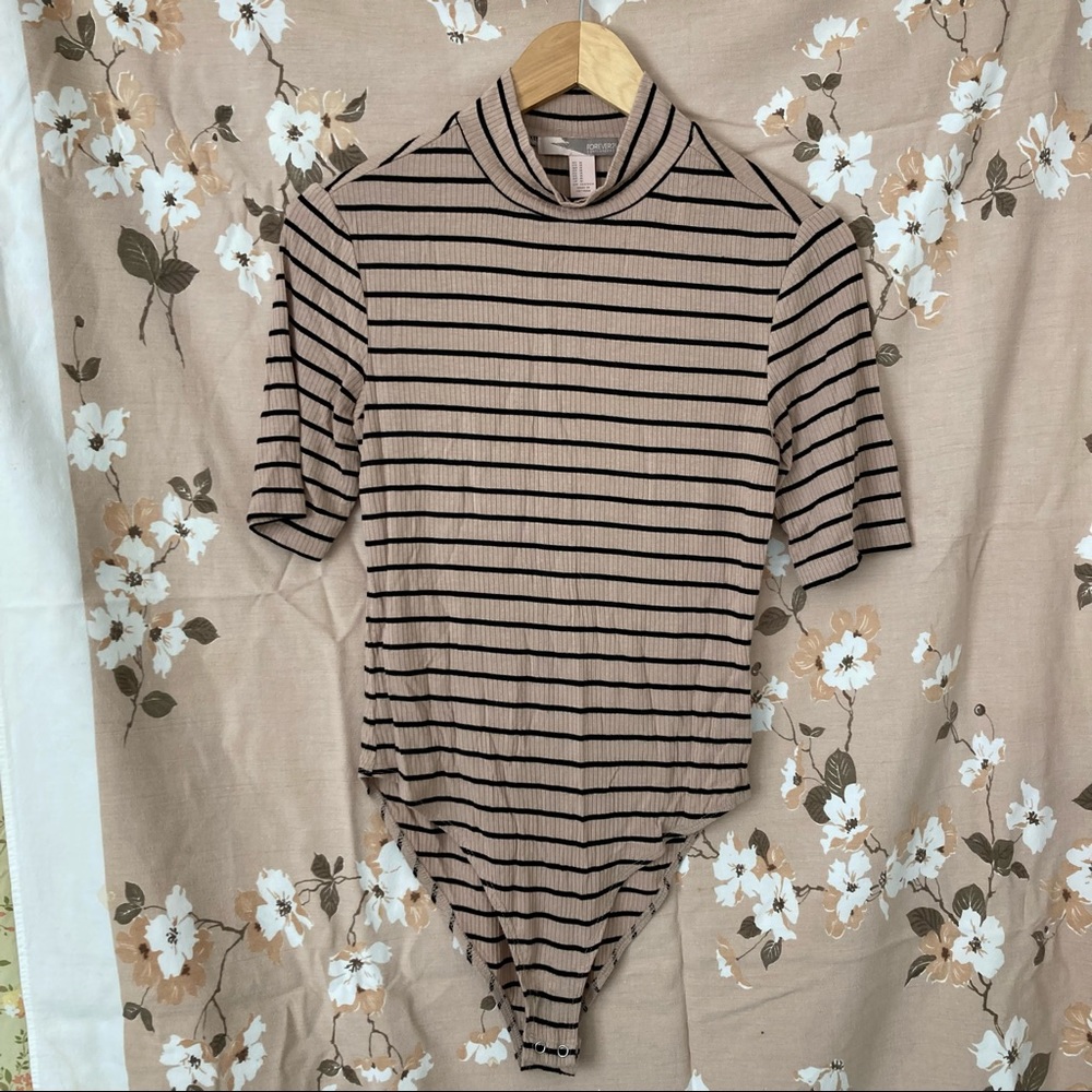 Forever 21 Ribbed Striped Mock-neck Bodysuit